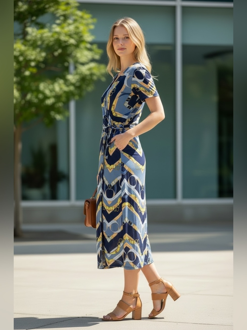 Espresso Navy, Light Blue & Yellow Chain-Print Midi Wrap Dress